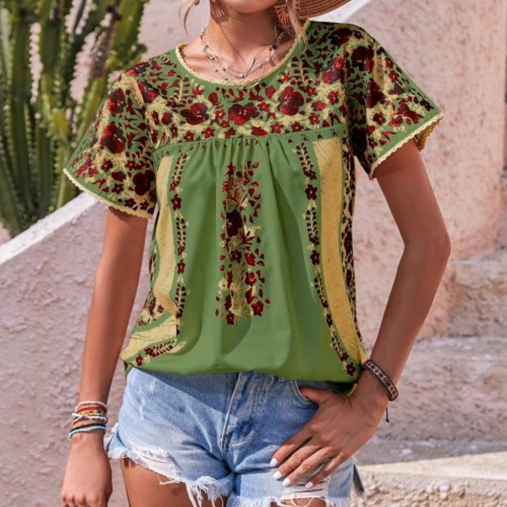 E-Retro -  Green floral short sleeve crewneck top